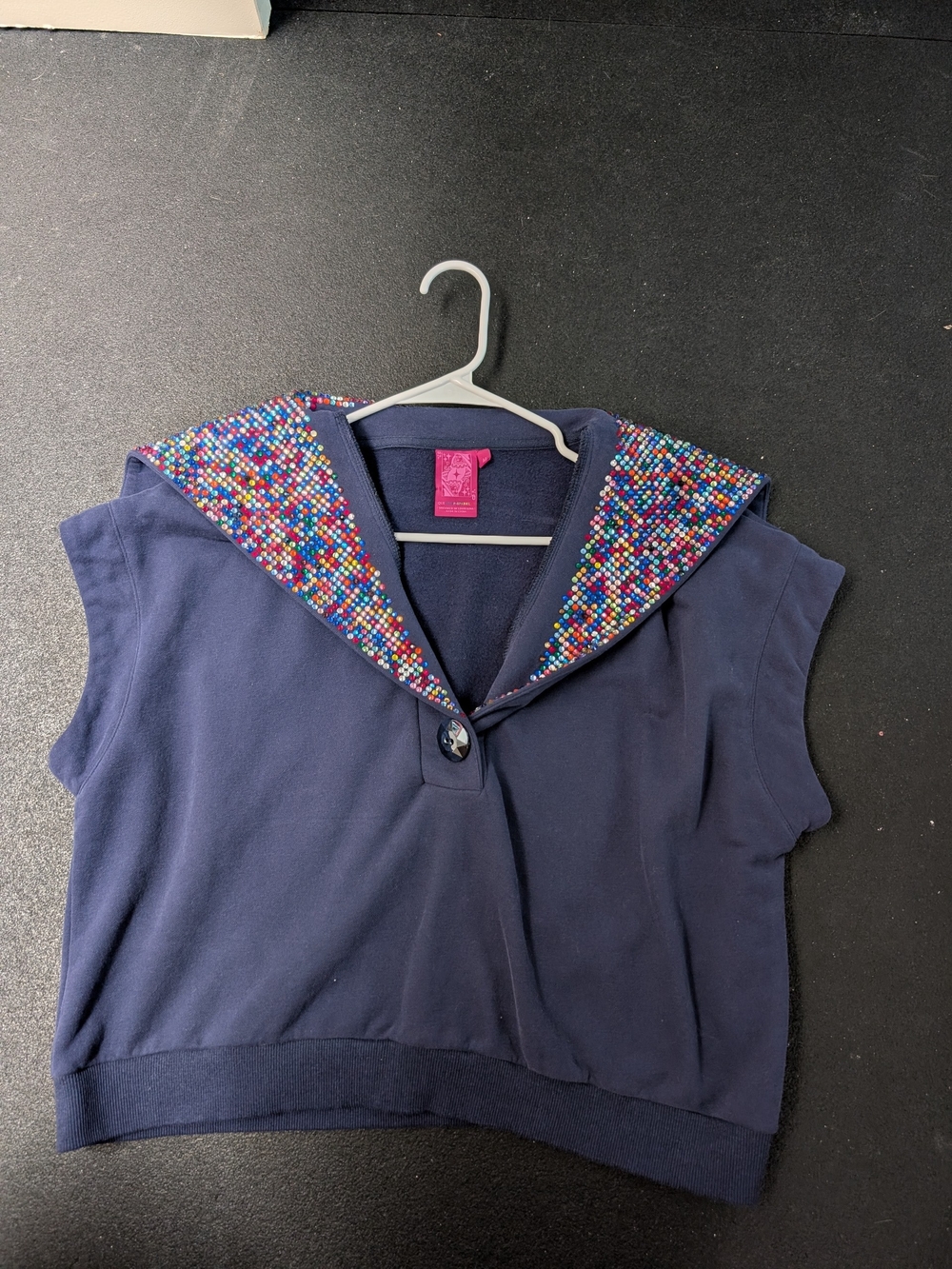 QUEEN OF SPARKLES Navy Top with Multicolor Sparkle Beaded Cape Collar Size M